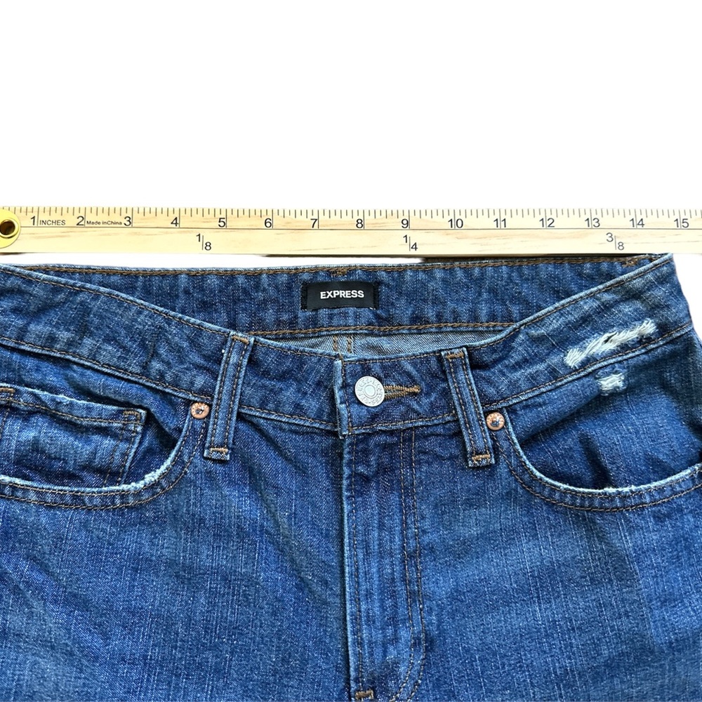 Express Mid Rise Dark Wash Raw Hem Boyfriend Jeans - Picture 6 of 9
